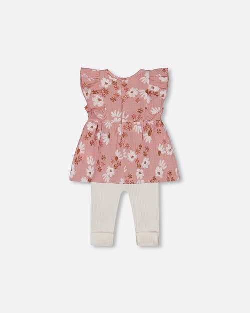 Deux Par Deux Baby Girl's Printed Muslin Tunic And Rib Leggings Set Pink And White Flowers In Pink And White Flowers