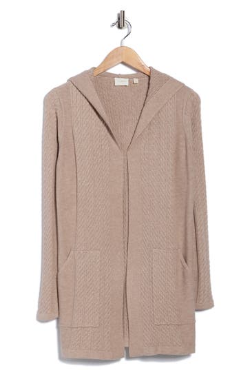 Cyrus Cable Knit Hooded Cardigan In Neutral