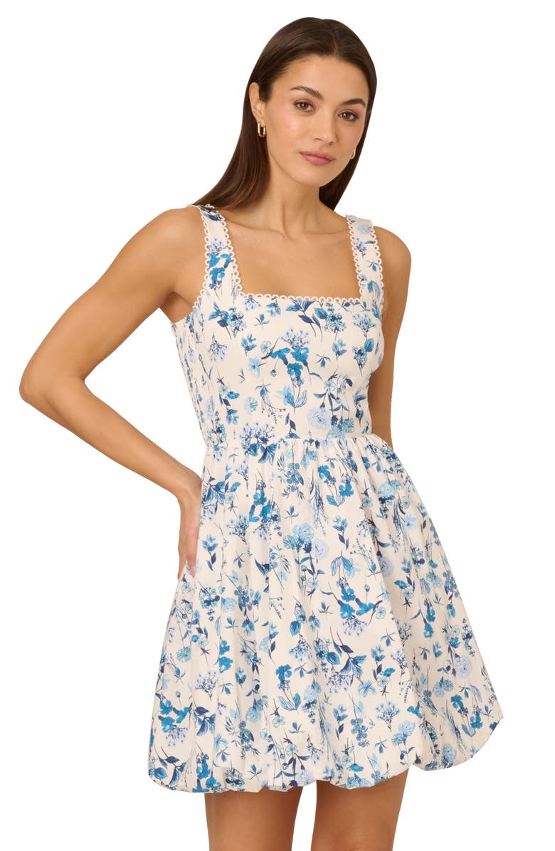 Adrianna Papell Stretch Cotton Balloon Dress, Alternate, color, Ivory/ Blue Multi