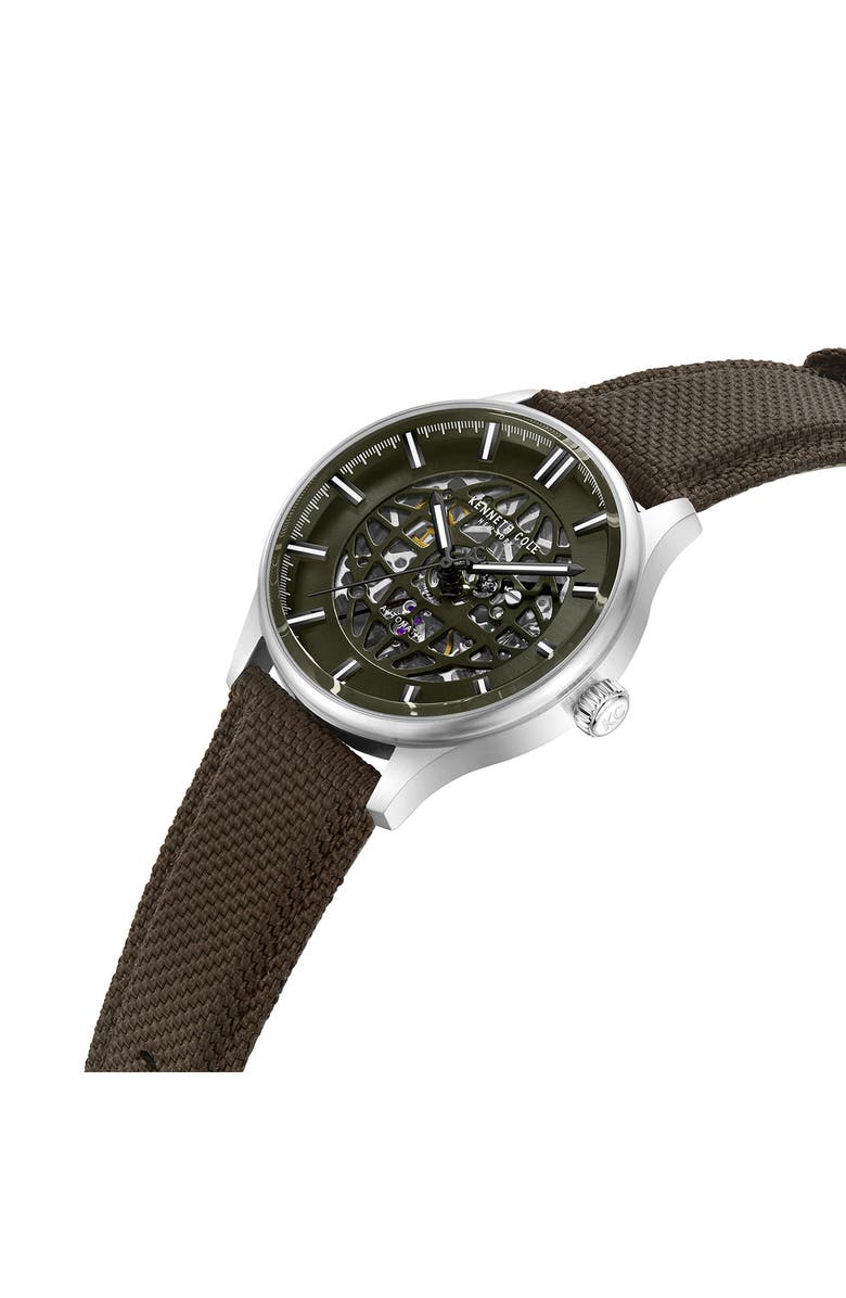 Kenneth Cole New York The Thompson Skeleton Automatic Nylon Strap Watch, 43.5mm, Alternate, color, Dark Brown