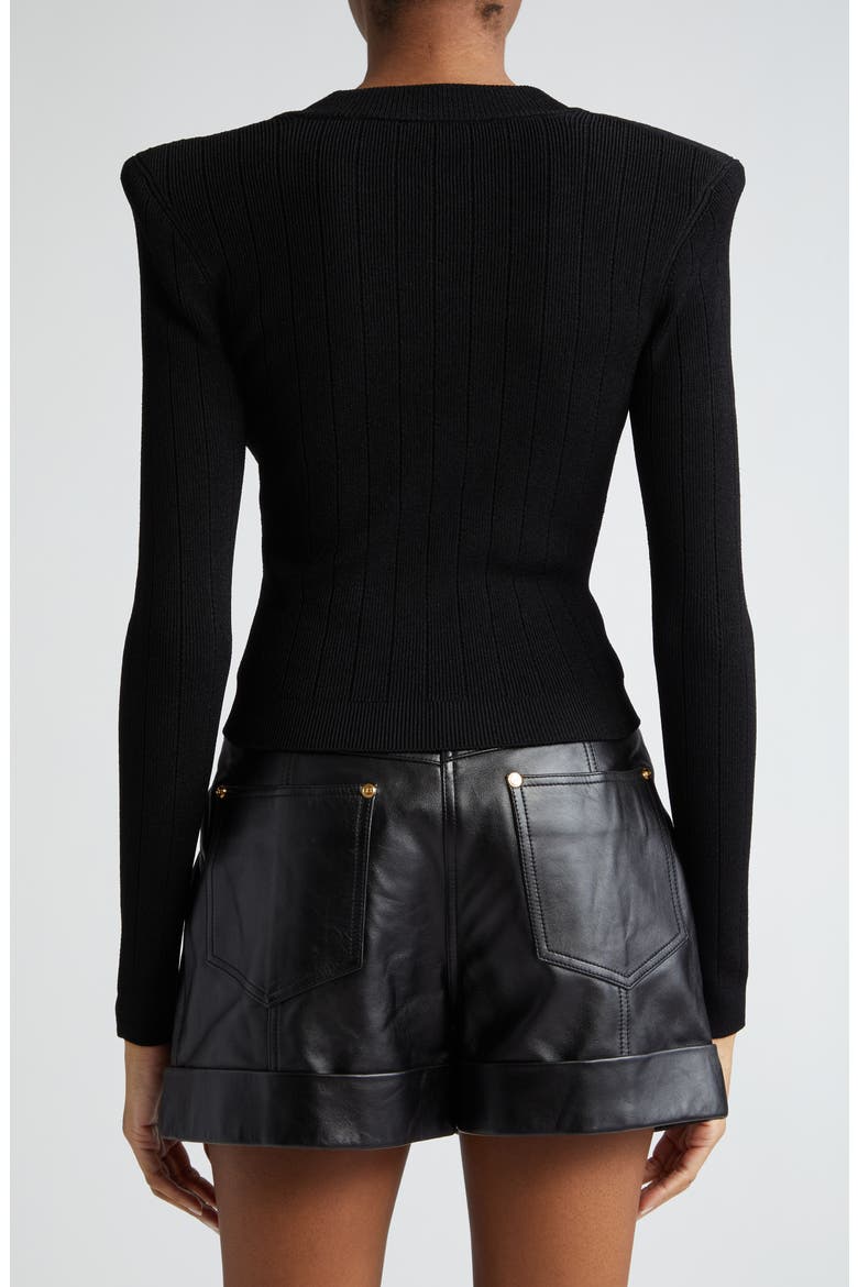 V-Neck Crop Pointelle Rib Cardigan, Alternate, color, BLACK