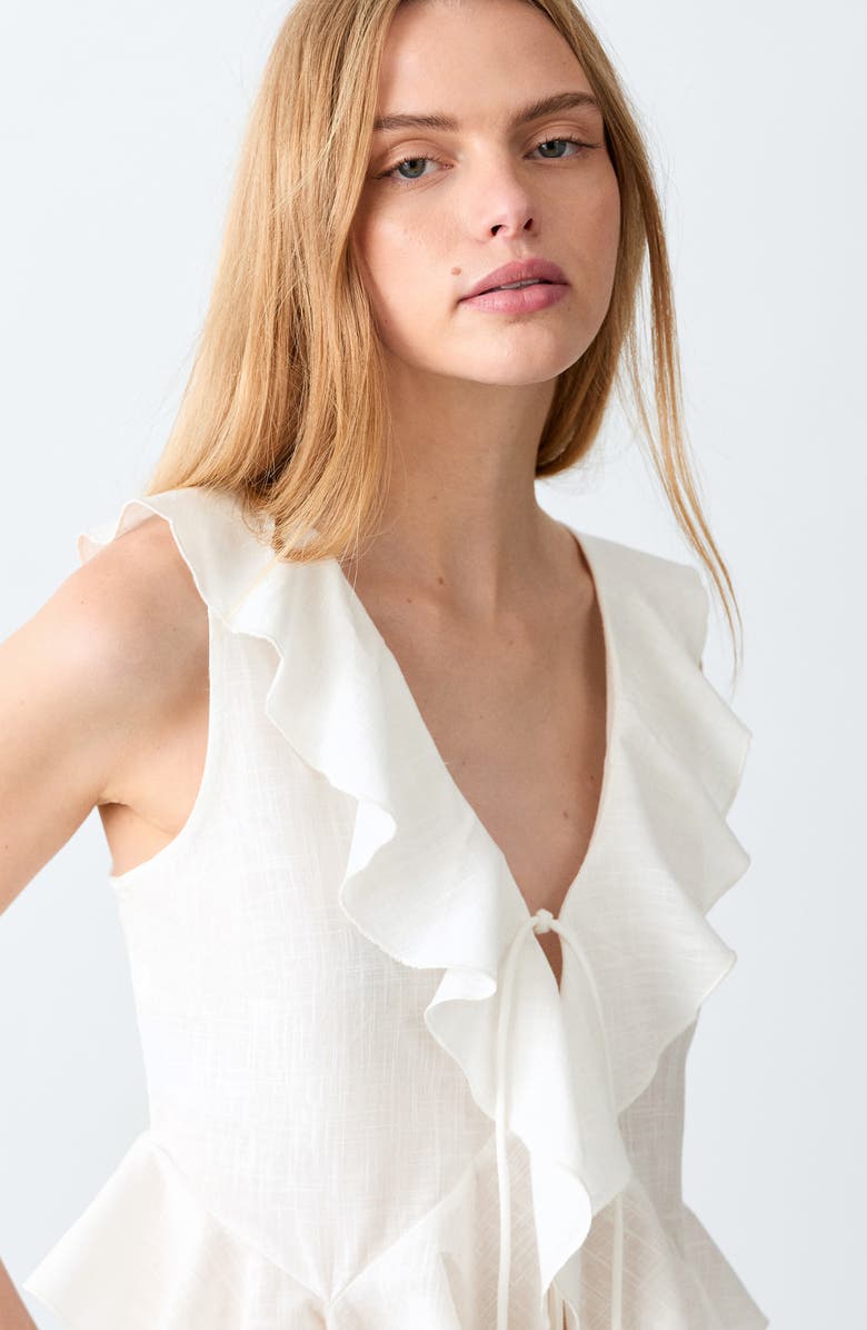 MANGO TEEN Tie Front Ruffle Top, Alternate, color, Off White