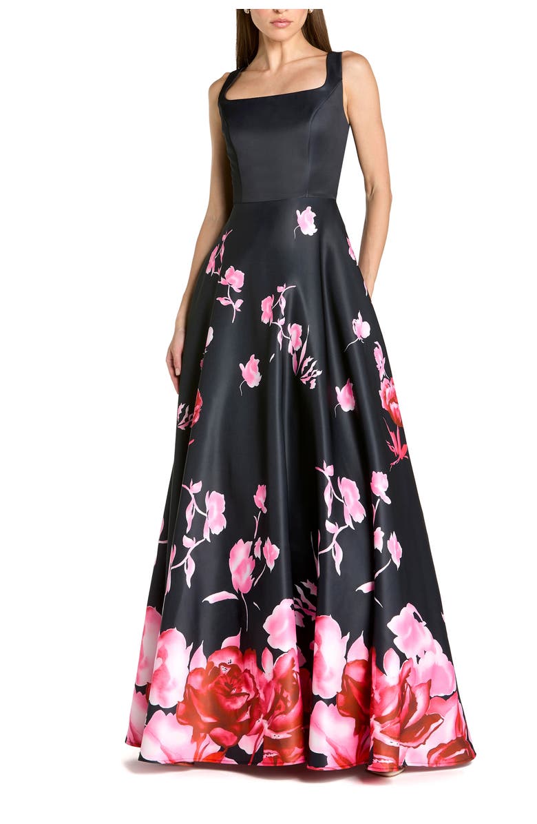 Mac Duggal Printed Satin Sleeveless Square Neck Ballgown, Main, color, Black Multi