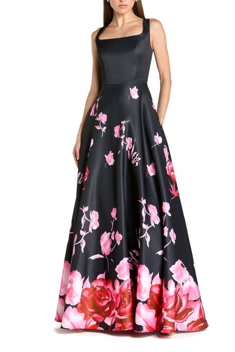 Printed Satin Sleeveless Square Neck Ballgown