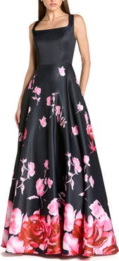 Mac Duggal Printed Satin Sleeveless Square Neck Ballgown