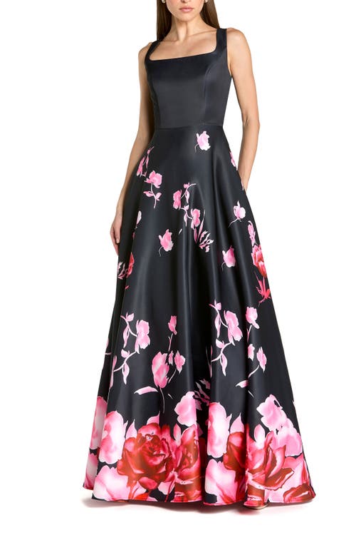 Mac Duggal Printed Satin Sleeveless Square Neck Ballgown in Black Multi at Nordstrom, Size 16