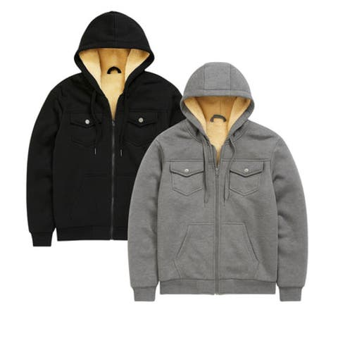 2 Pack Mens Heavyweight Fur Lined Zip Hoodie Jacket