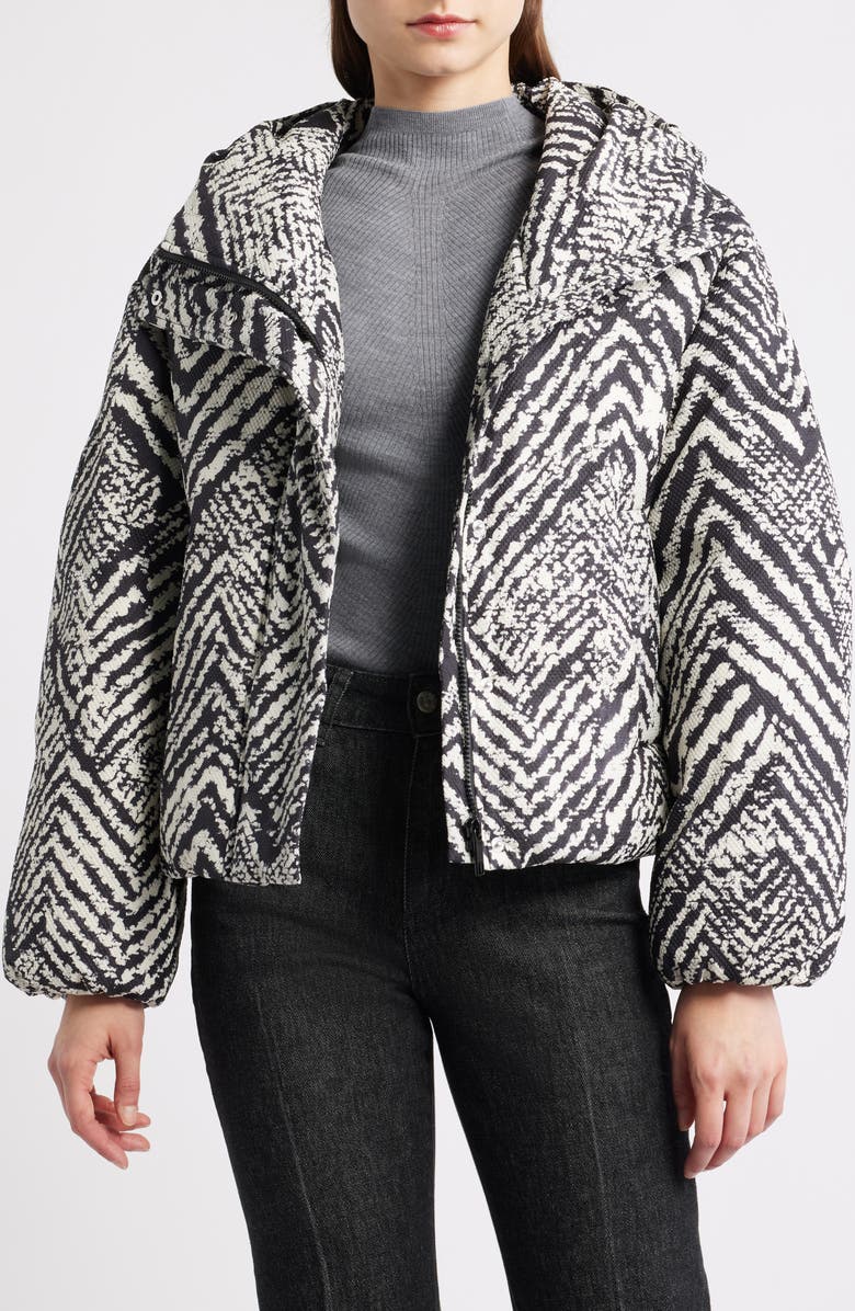 BOSS Paffia Herringbone Hooded Coat, Alternate, color, Monochrome Herringbone