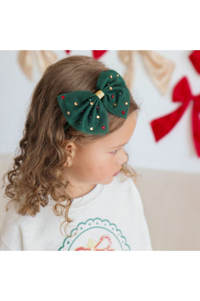 Emerald Rhinestone Christmas Tulle Bow Headband, Alternate, color, Green