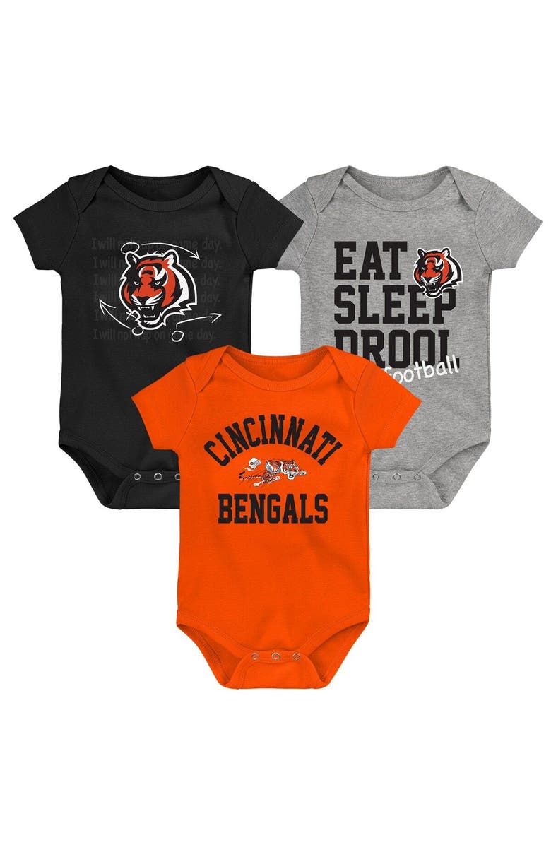 Outerstuff Newborn & Infant Black/Orange/Heather Gray Cincinnati Bengals Three-Pack Eat, Sleep & Drool Retro Bodysuit Set, Main, color, 
