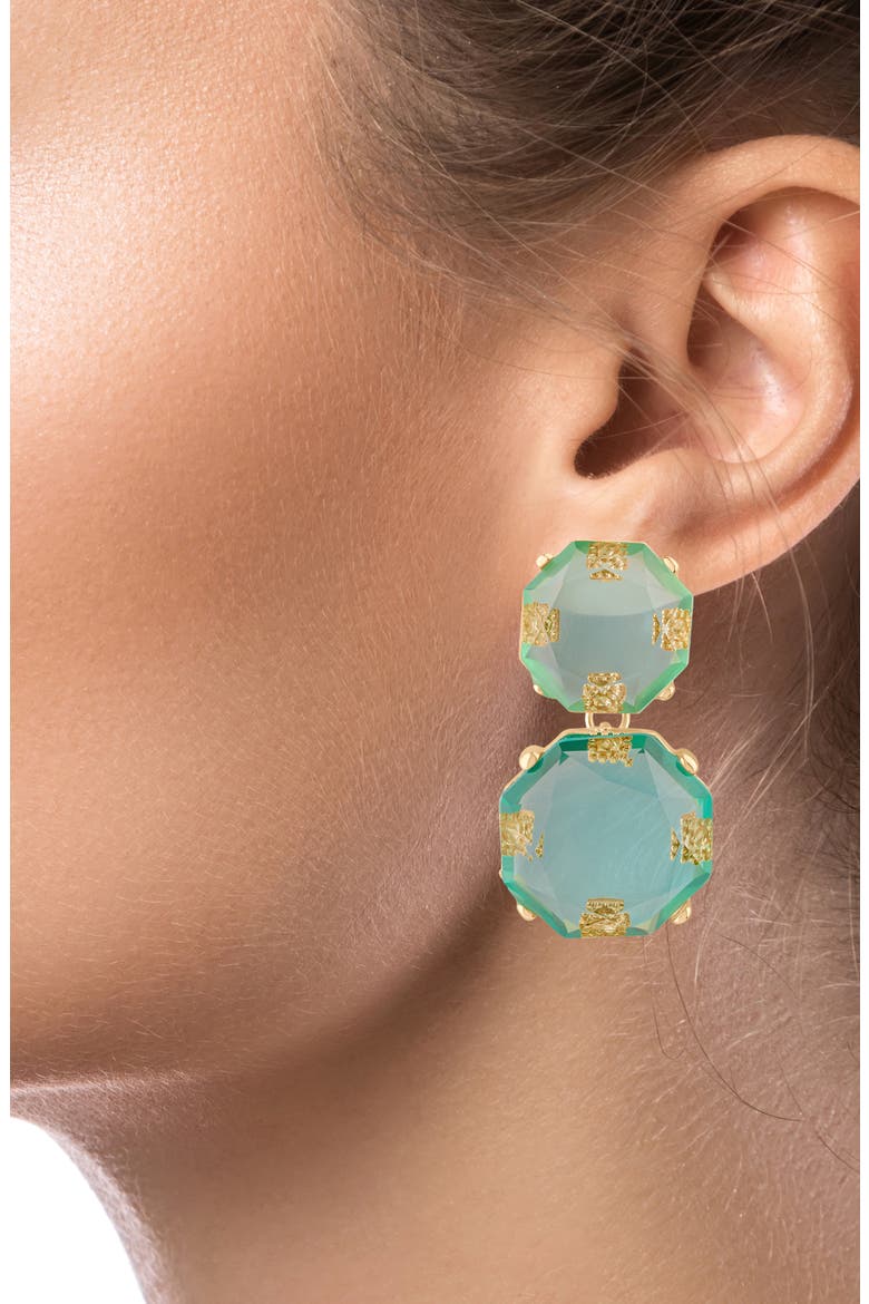 Faceted Double Drop Statement Earrings, Alternate, color, BLUE/ GOLD