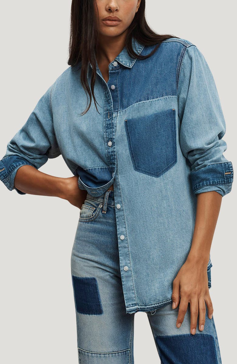 Veronica Beard Dalma Colorblock Denim Button-Up Shirt, Main, color, Time Travel
