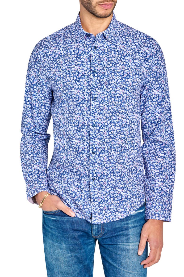 Slim Fit Mini Floral Recycled 4-Way Stretch Performance Long Sleeve Shirt, Main, color, WHITE/BLUE