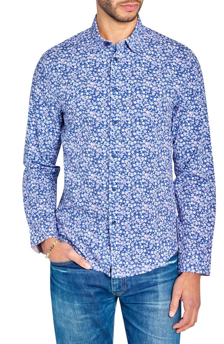 Brooklyn Brigade Slim Fit Mini Floral Recycled 4-Way Stretch Performance Long Sleeve Shirt, Main, color, White/Blue
