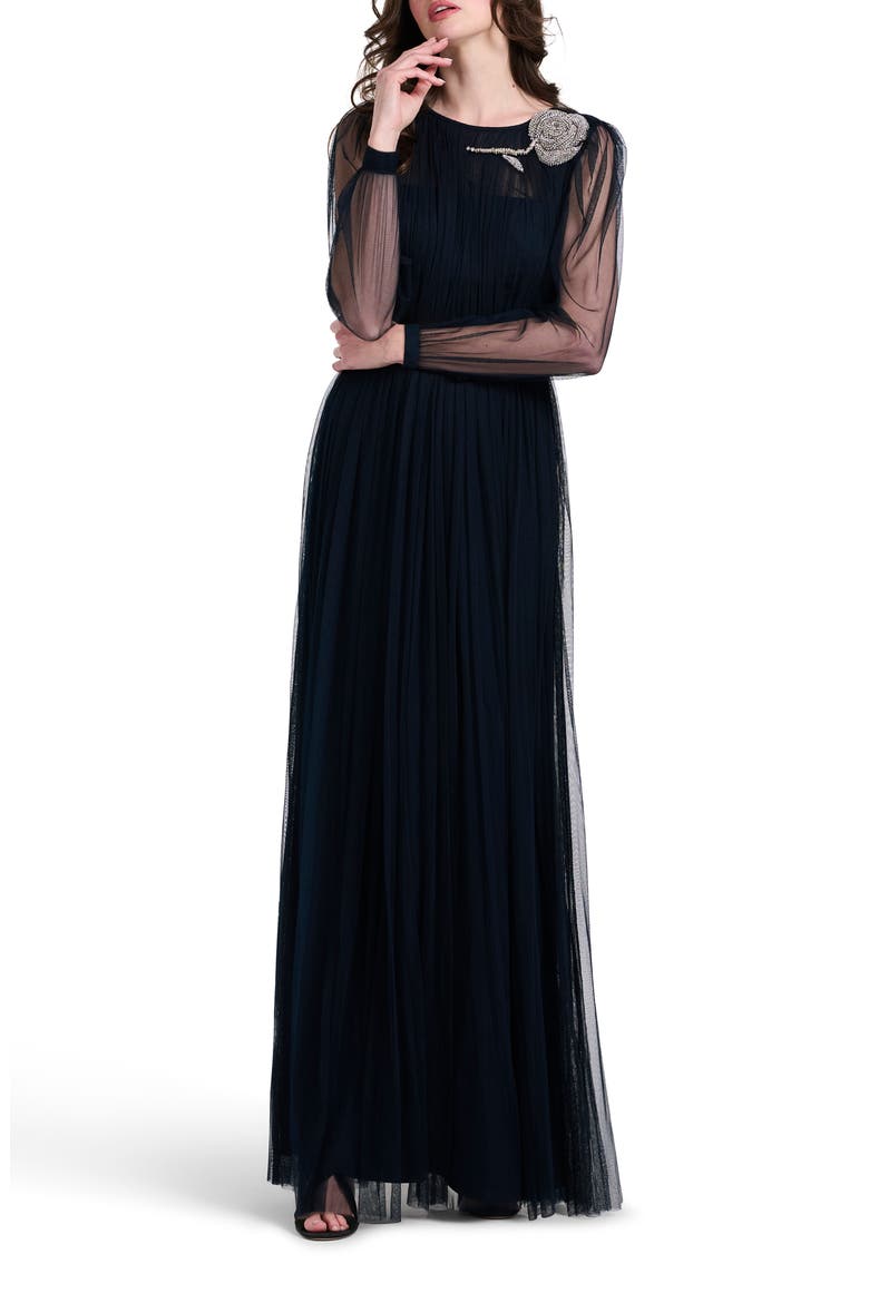 Long Sleeve Floral Appliqué Spanish Tulle Gown, Main, color, NAVY