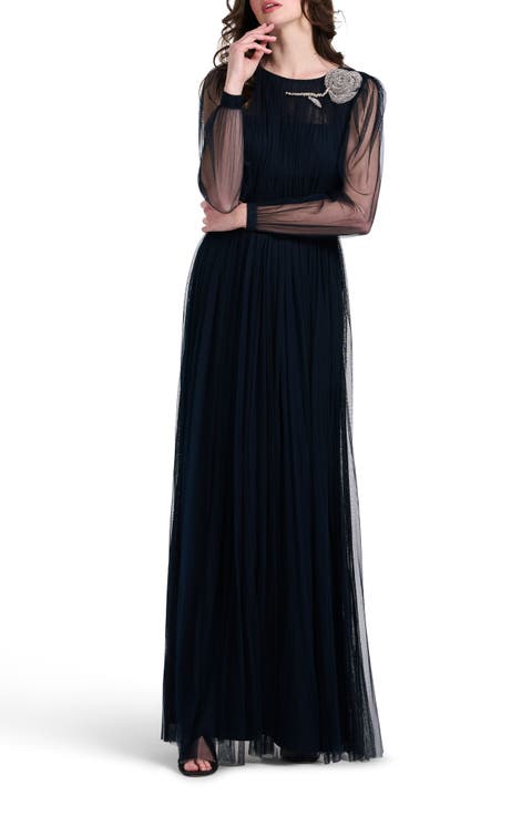 Long Sleeve Floral Appliqué Spanish Tulle Gown