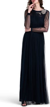 EMILY SHALANT Long Sleeve Floral Appliqué Spanish Tulle Gown