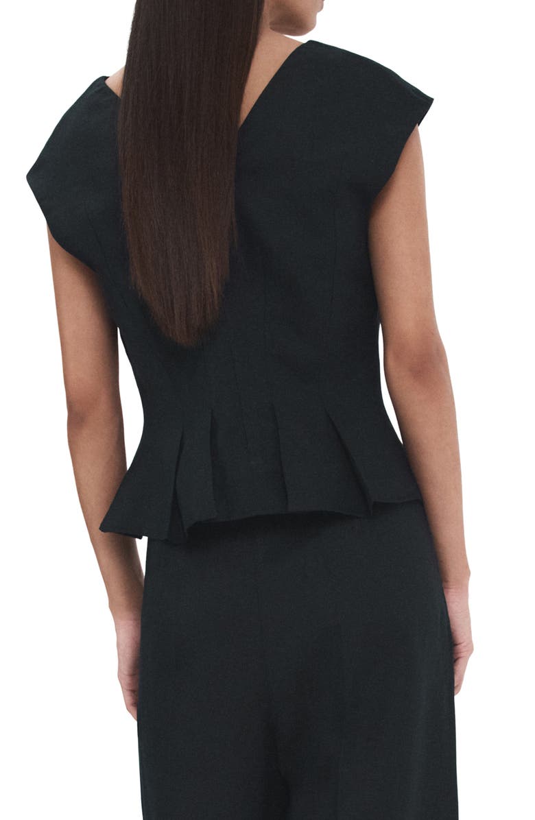 MANGO Pleated Peplum Linen Blend Top, Alternate, color, Navy