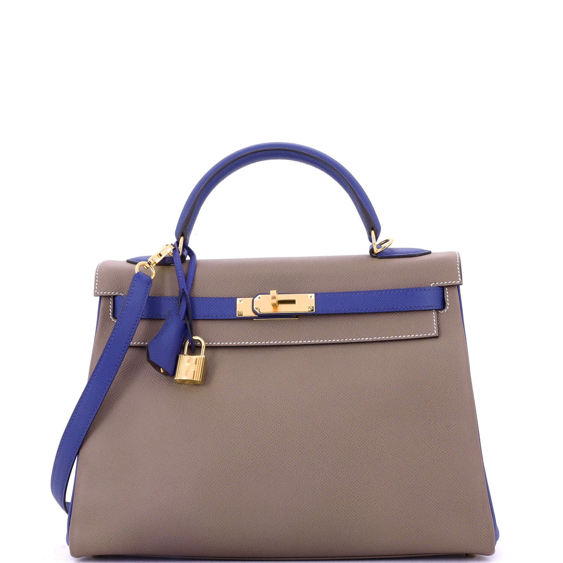 Pre-Owned Hermes Kelly Handbag Bicolor Epsom with Gold Hardware 32, Main, color, Etoupe/Bleu Electrique