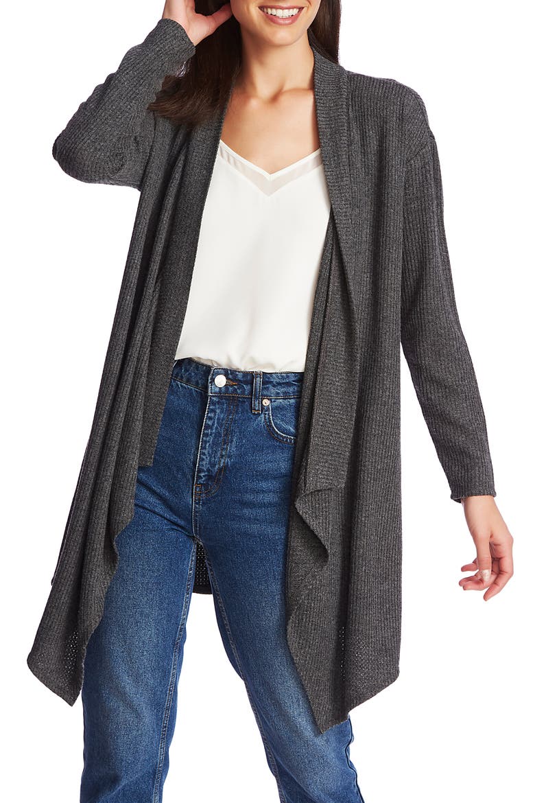 Drape Front Waffle Knit Long Cardigan, Main, color, MED HTHR GREY