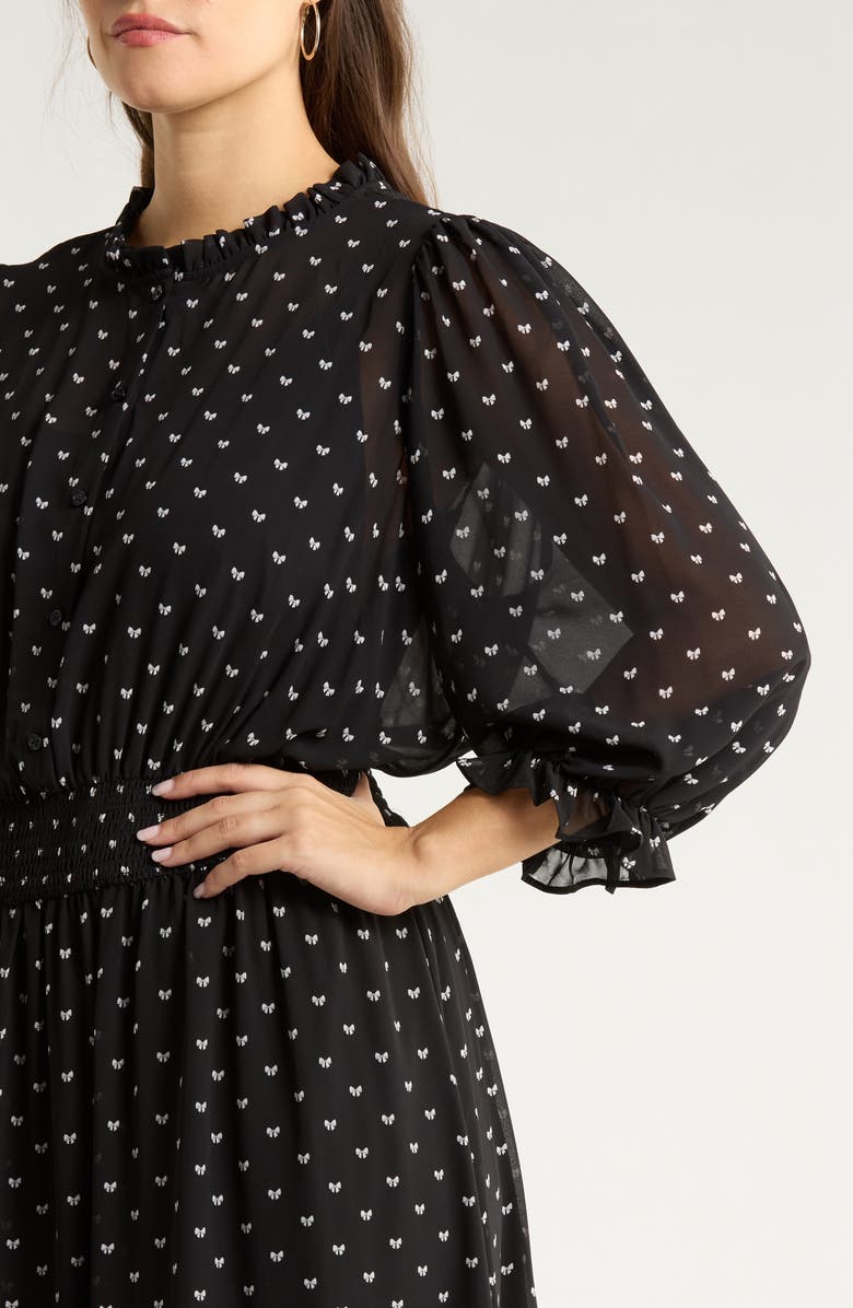 SUGARLIPS Irene Rosaly Bow Print Long Sleeve Smock Waist Dress, Alternate, color, Black-White