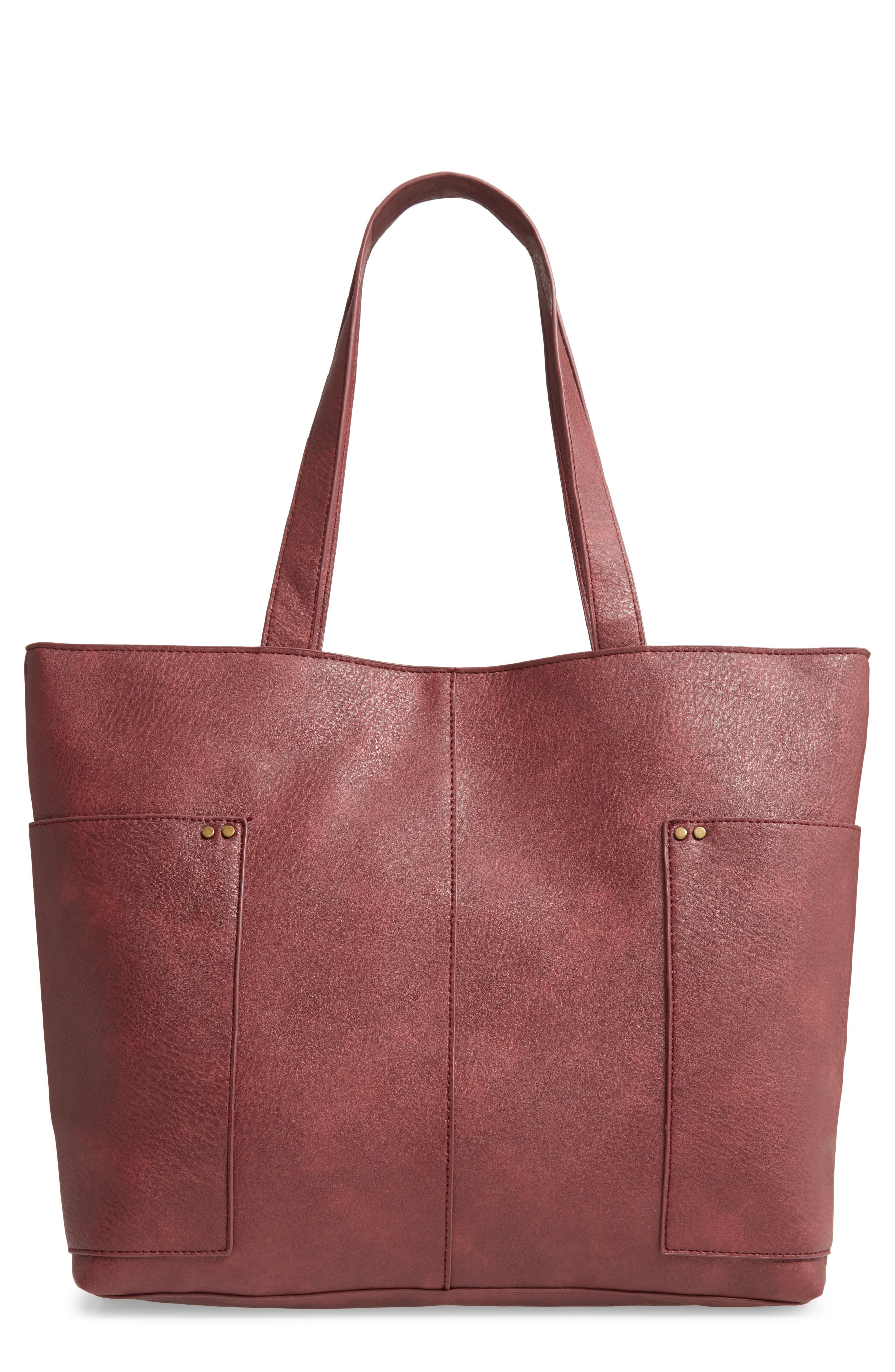Studded Faux Leather Tote, Main, color, BURGUNDY LONDON