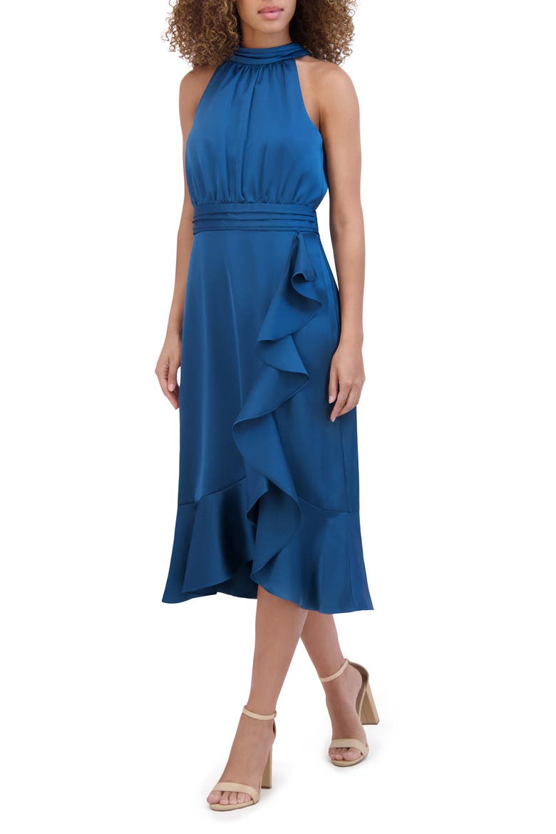 Satin Ruffle Halter Dress, Main, color, TEAL