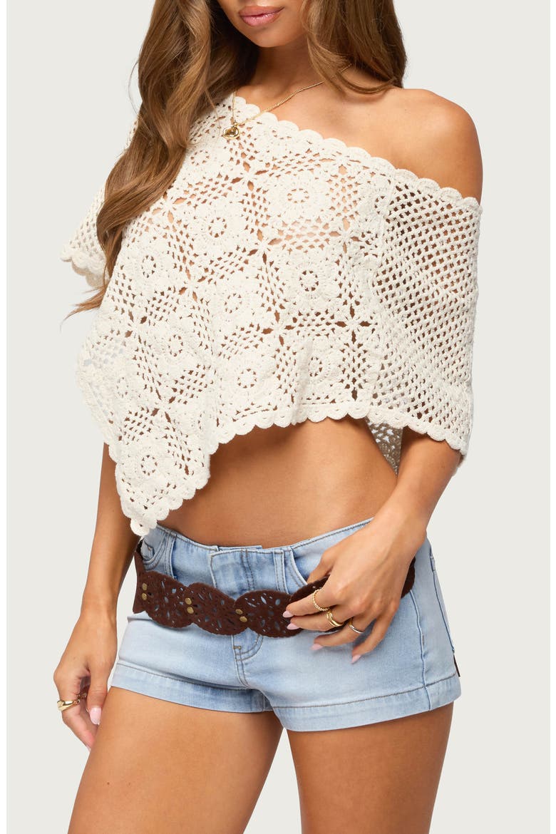Lilianna Scallop Trim Cotton Crochet Poncho, Alternate, color, CREAM