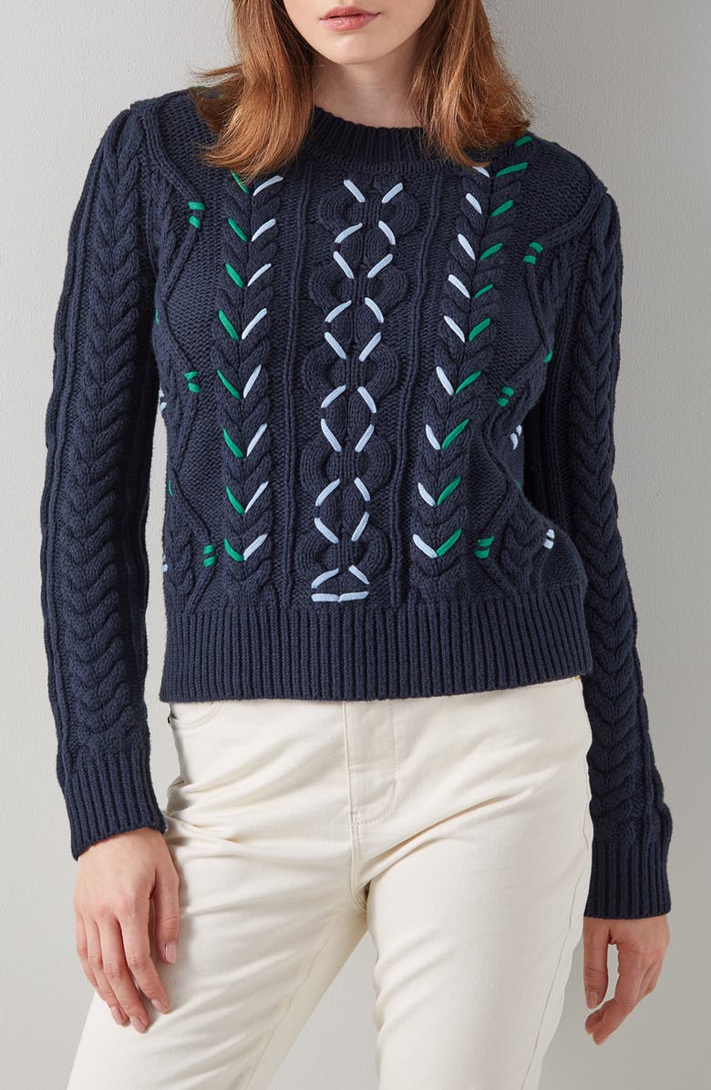 LK Bennett Mia Cable Stitch Sweater, Main, color, Blue-Navy
