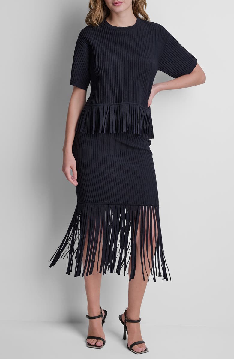 DKNY Fringe Rib Midi Skirt, Alternate, color, Black