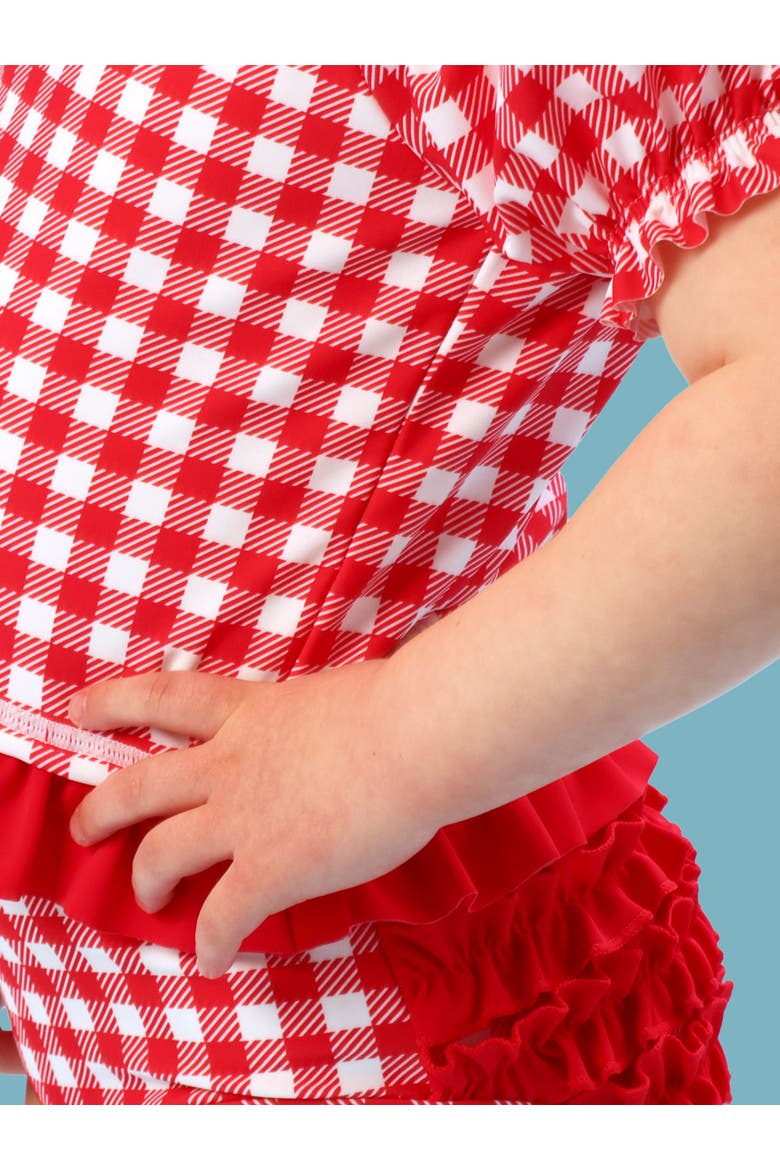 UPF50+ Puff Sleeve Ruffle Tankini 2-Piece Swimsuit, Alternate, color, Vintage Red Gingham