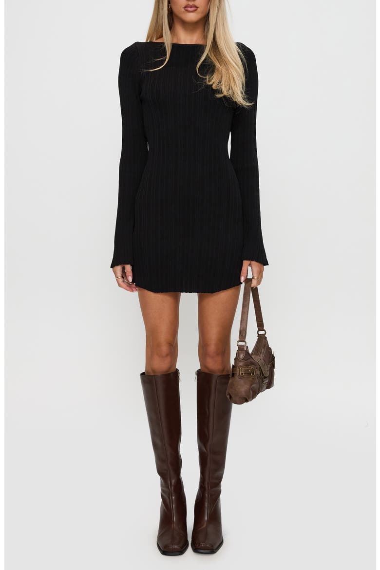 Mayok Open Back Long Sleeve Rib Minidress, Main, color, BLACK