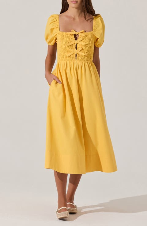 Bow Detail Smock Bodice Cotton Blend Dress