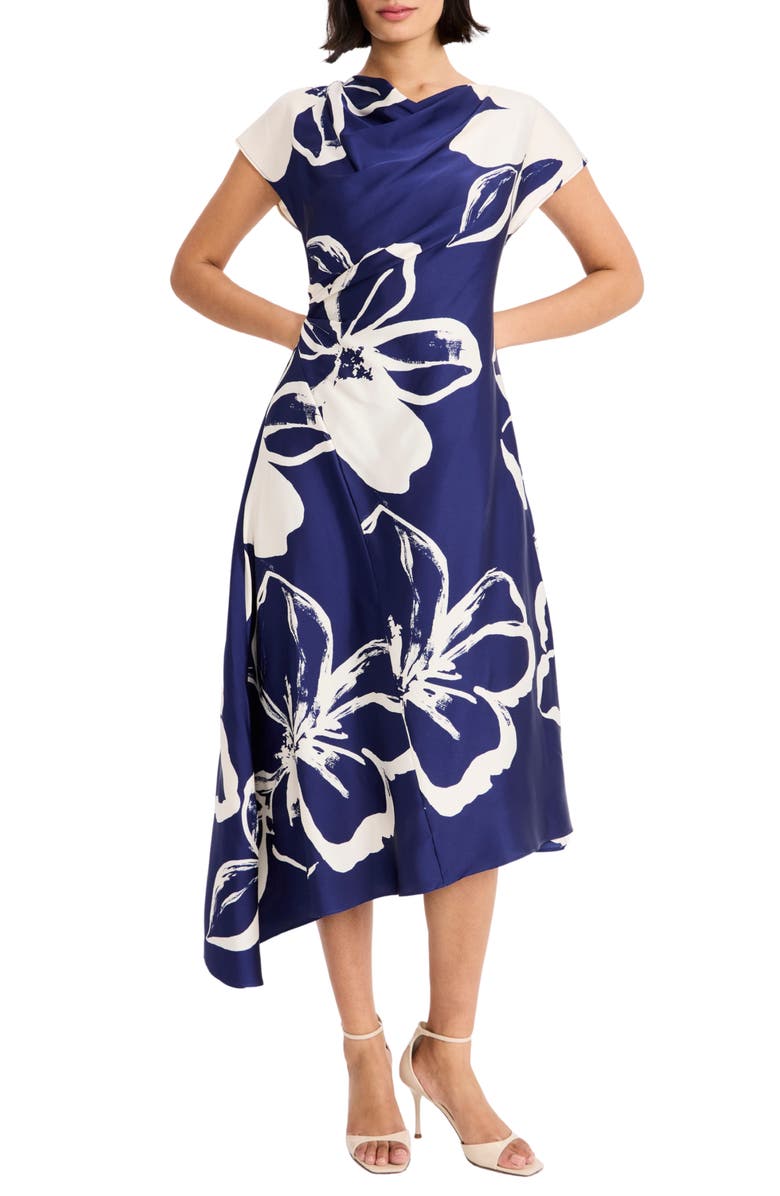 Maggy London Asymmetric Hem Midi Dress, Main, color, Navy/ Cream