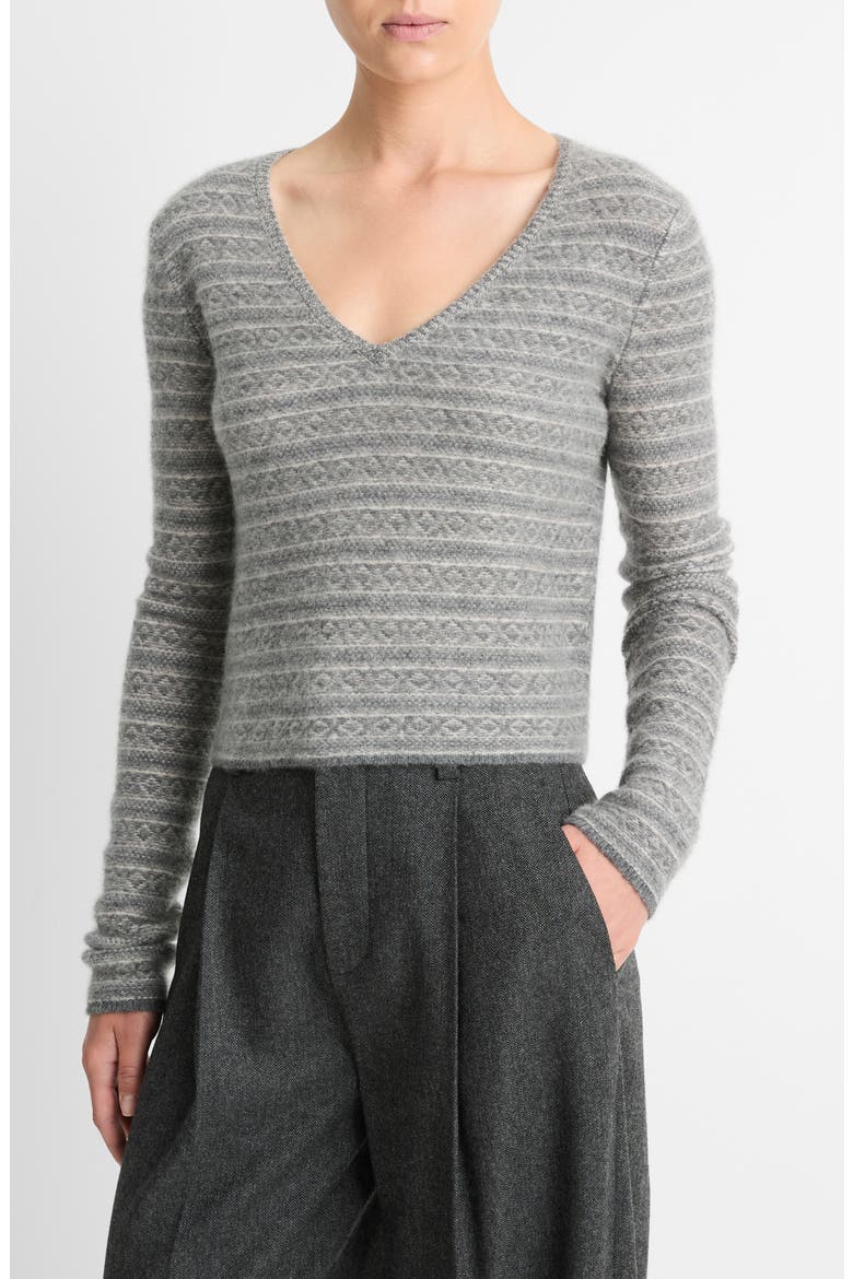 Fair Isle Cashmere V-Neck Sweater, Main, color, MED HEATHER GREY COMBO