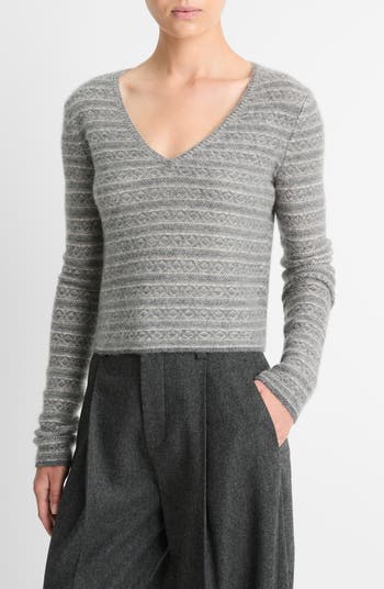 ヴィンス Vince Fair Isle V-Neck レディース Sweaters Medium Heather Grey Vince Fair Isle V-Neck Cashmere Sweater | Nordstromrack