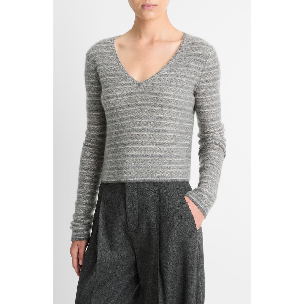 Shop Vince Fair Isle V-neck Cashmere Sweater In Med Heather Grey Combo