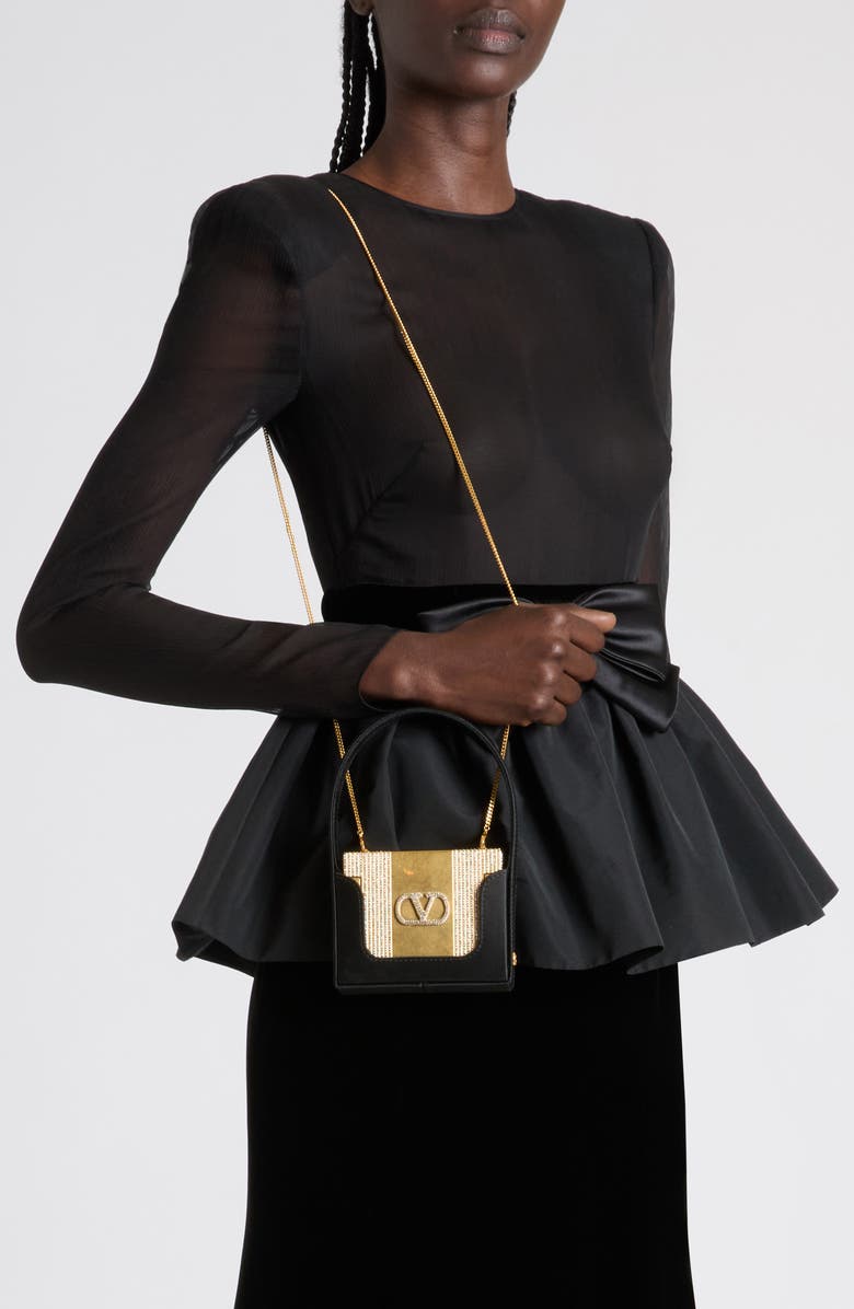 Valentino Garavani Minaumorphe Minaudière Crystal Embelllished Convertible Clutch, Alternate, color, Antique Brass-Crystal/ Nero