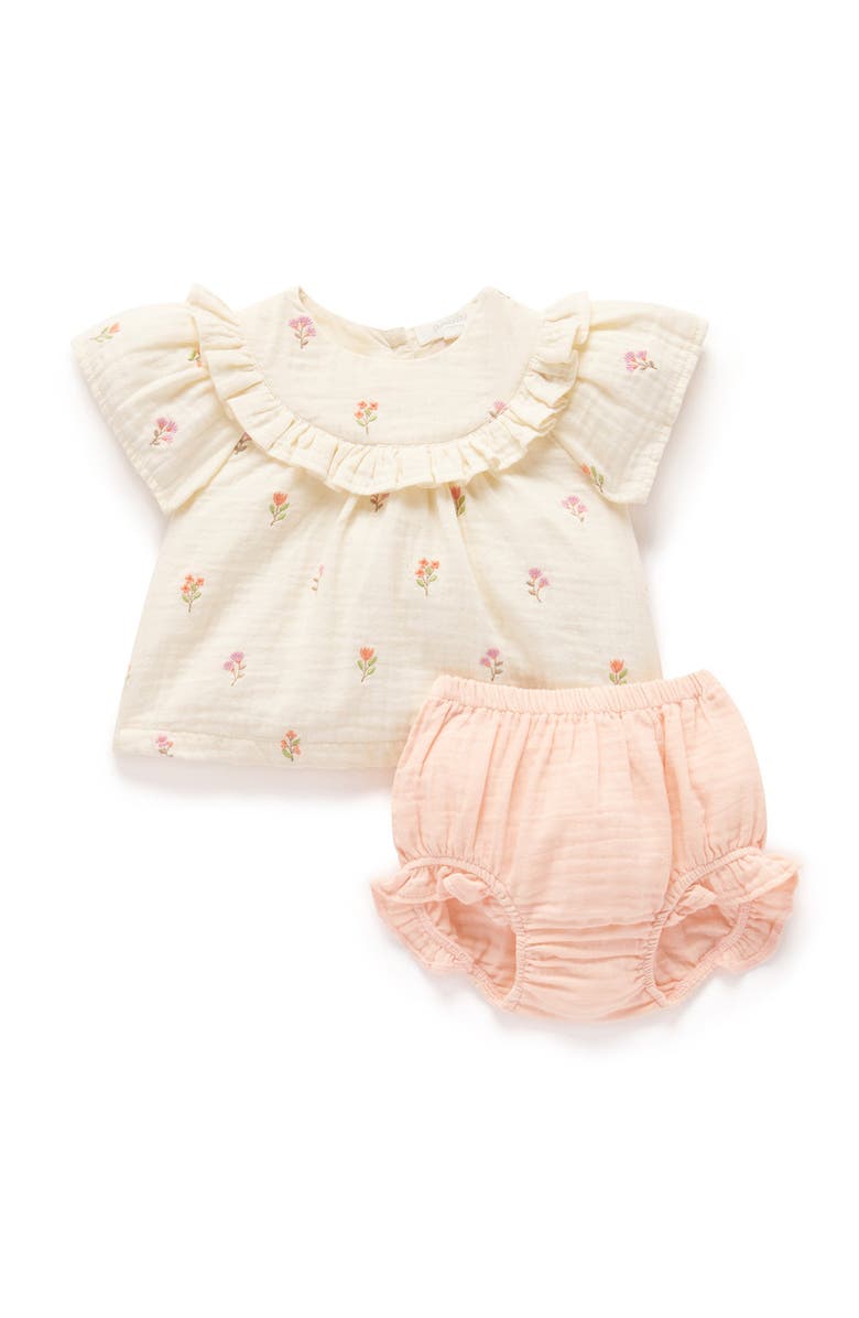 Purebaby Embroidered Ruffle Top & Bloomer Set, Main, color, Cloud Sprig Broderie