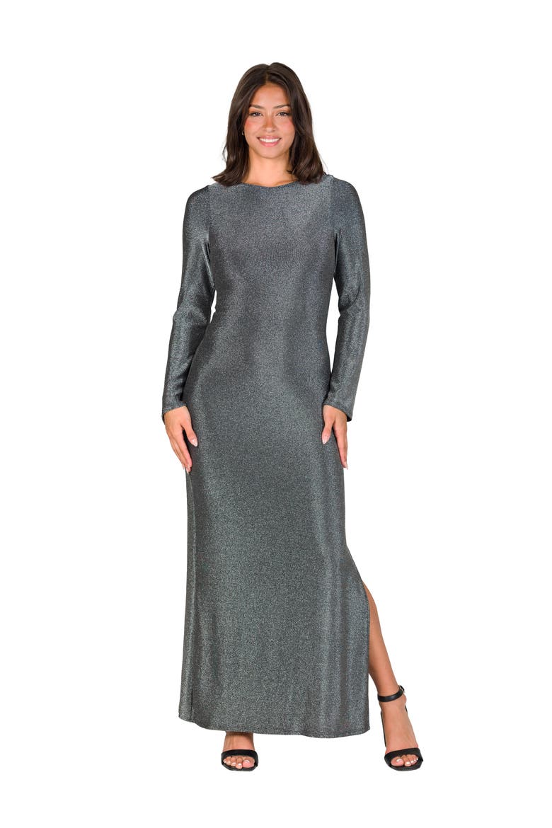 Fitted Long Sleeve Shimmery Fabric Side Slit Maxi Dress, Main, color, Silver