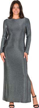 24seven Comfort Apparel Fitted Long Sleeve Shimmery Fabric Side Slit Maxi Dress