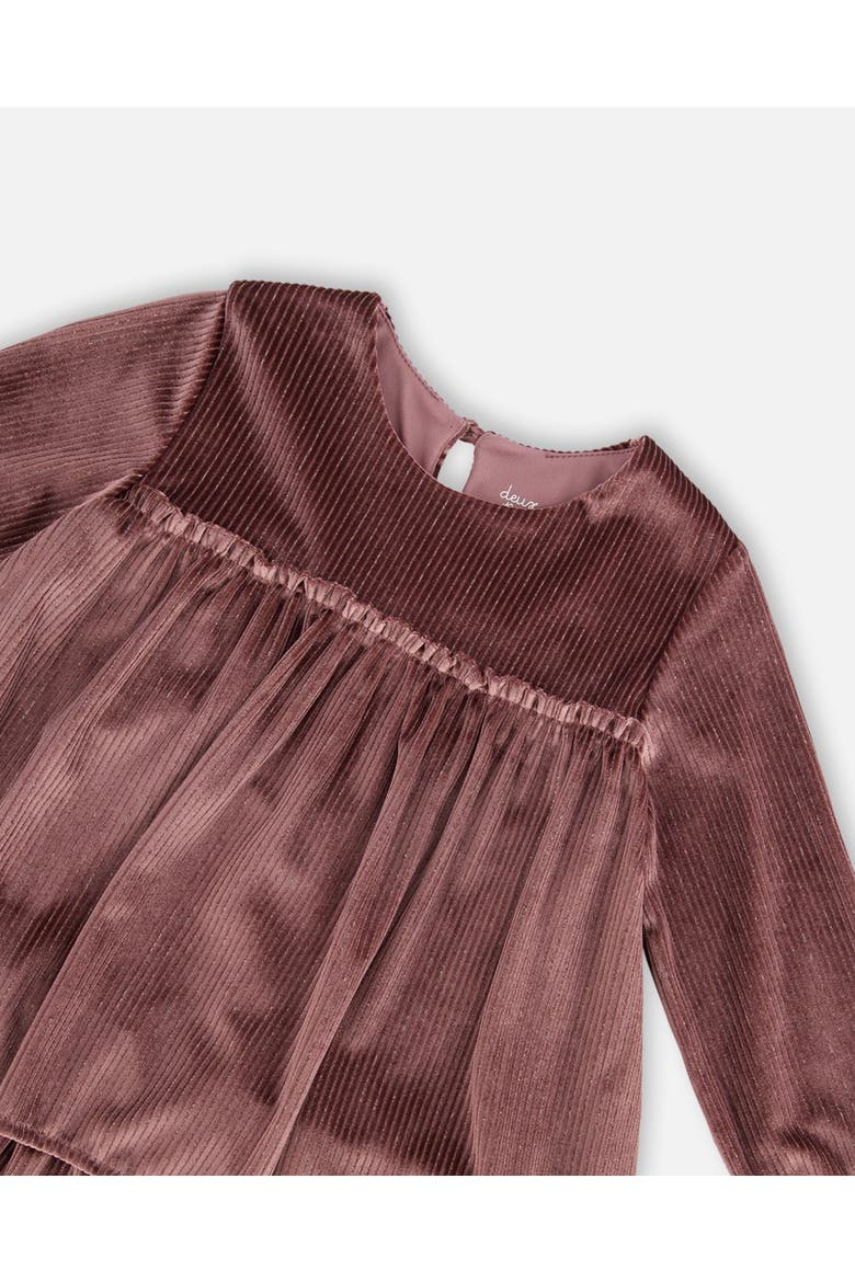 Little Girl's Long Sleeve Metallic Dress With Frills Burgundy, Alternate, color, Prune