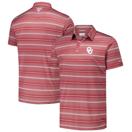 Columbia Crimson Oklahoma Sooners Pfg Super Terminal Tackle™ Omni-shade™ Stripe Polo In Red