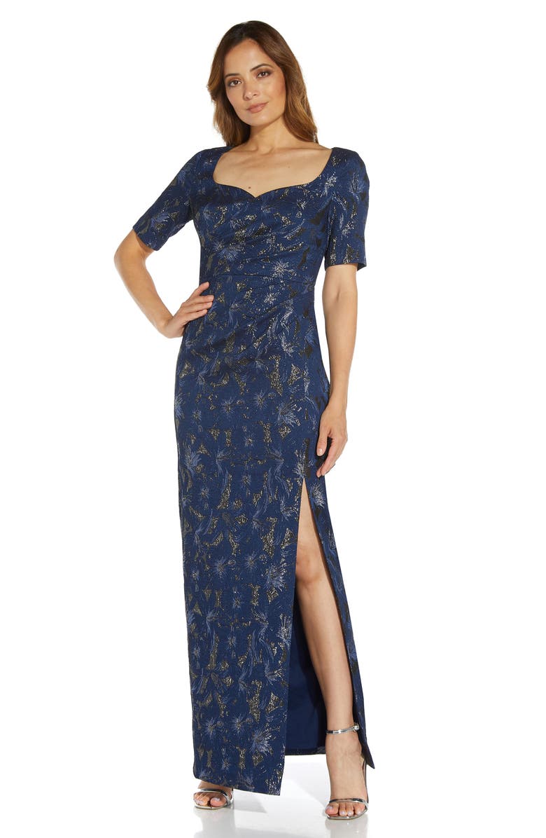 Adrianna Papell Draped Metallic Jacquard Gown, Alternate, color, 