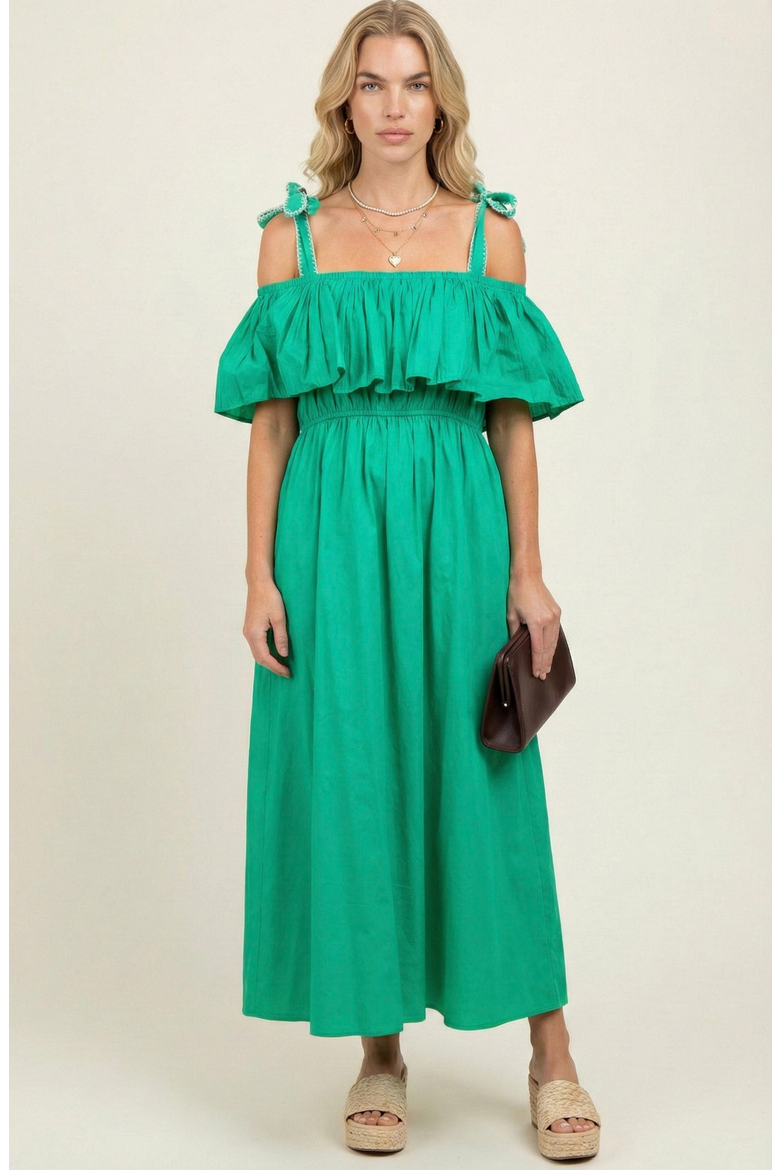 Off Shoulder Ruffle Smocked Midi Dress, Main, color, Emerald Green
