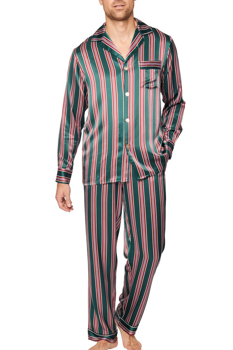 Lancaster Stripe Mulberry Silk Pajamas, Main, color, GREEN