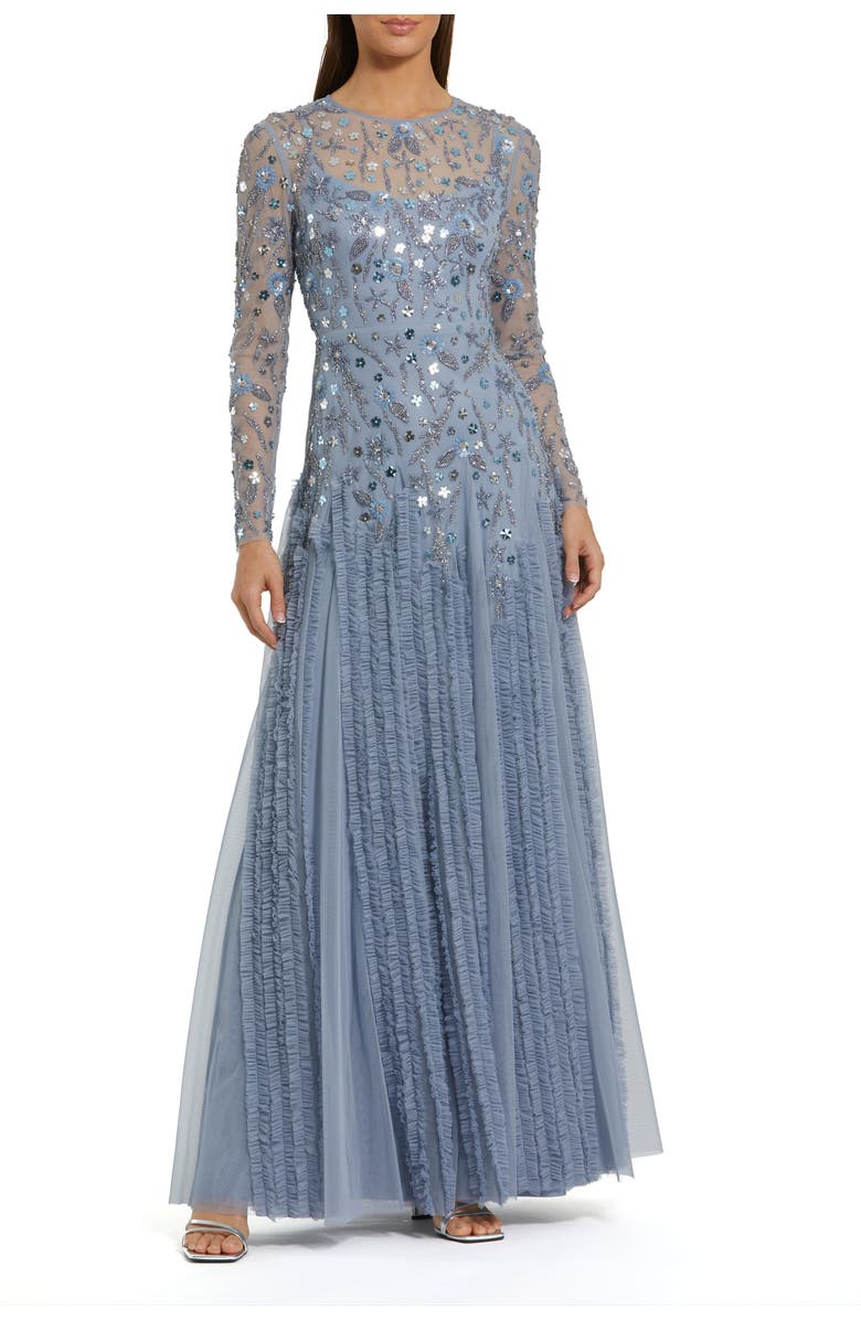 Mac Duggal Embellished Mesh Long Sleeve Ruffle hem Gown, Main, color, Slate Blue