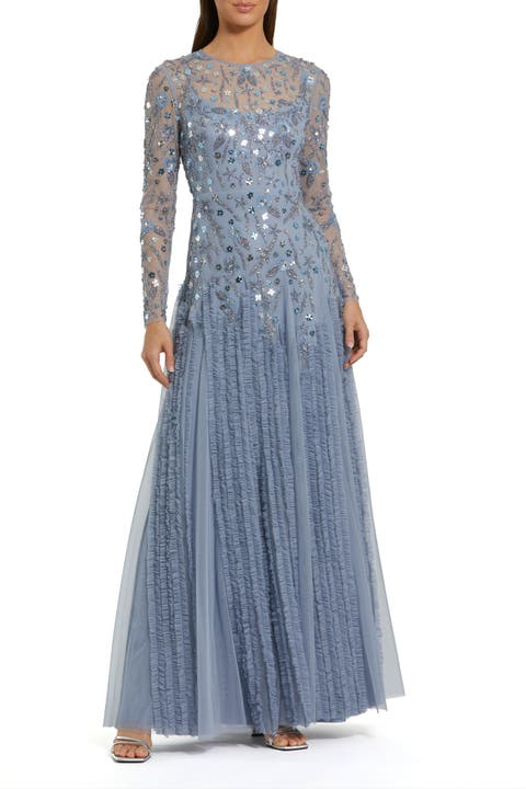 Embellished Mesh Long Sleeve Ruffle hem Gown