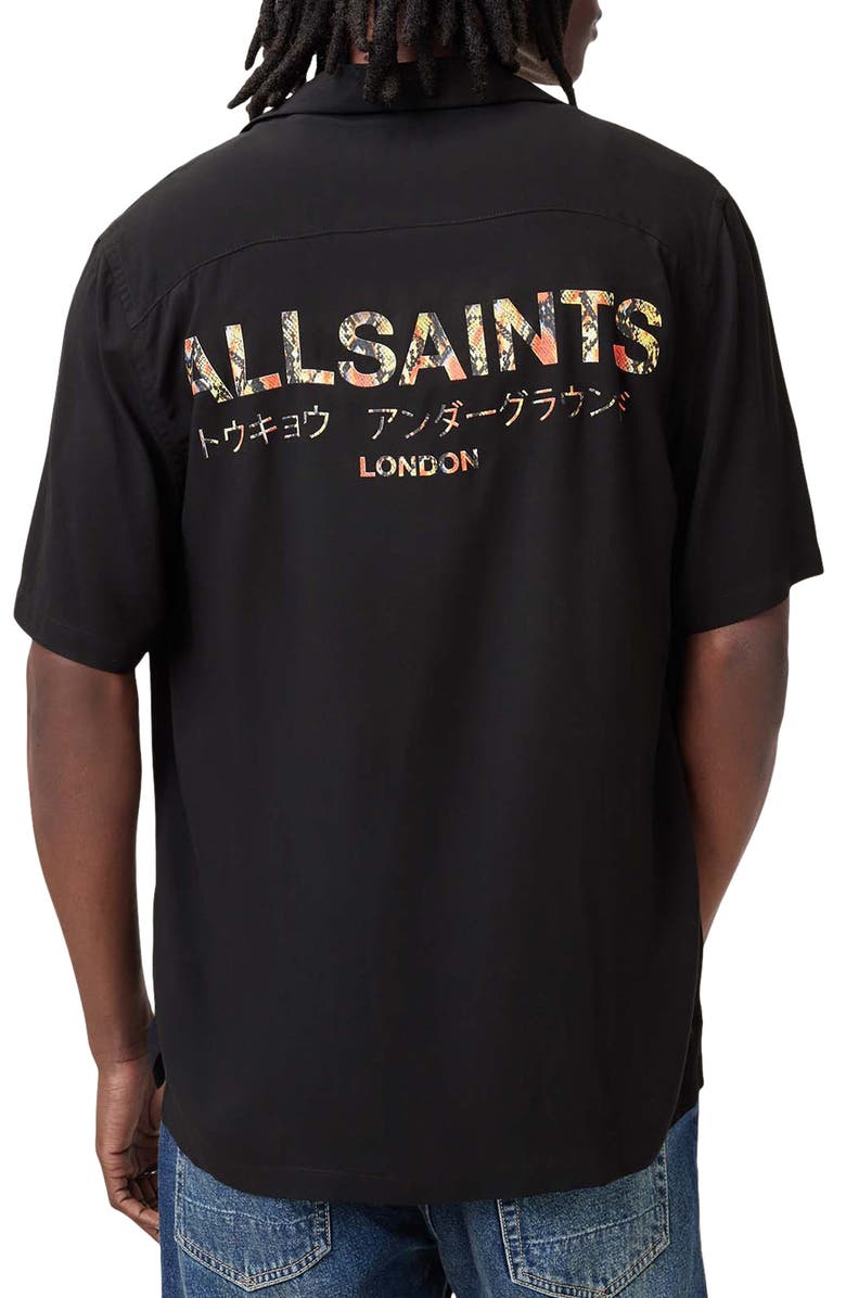 AllSaints Underground Bowa Logo Short Sleeve Button-Up Shirt, Alternate, color, 
