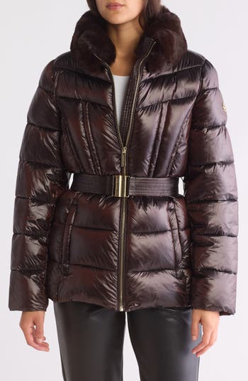 Michael Kors Faux Fur Collar Belted Puffer Jacket